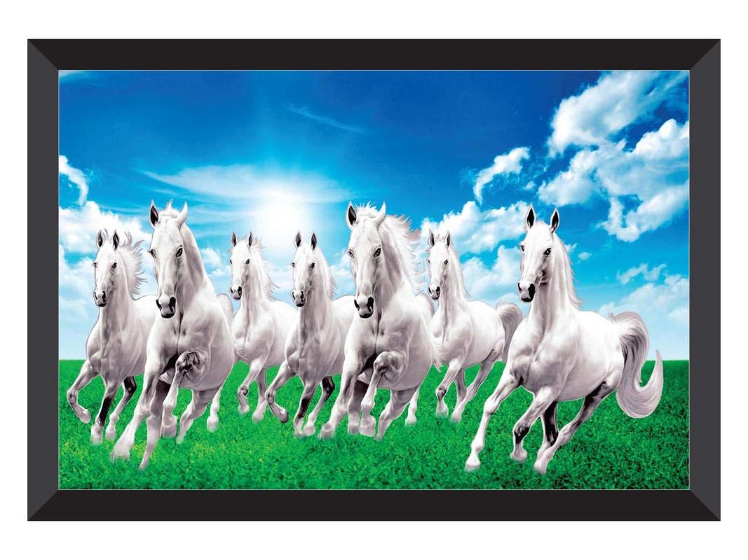 SAF paintings 7 Running Horses Sunrise Vastu UV Coated Home Decorative Gift Item Framed Painting 14 inch X 20 inch SANFH10-Multicolour