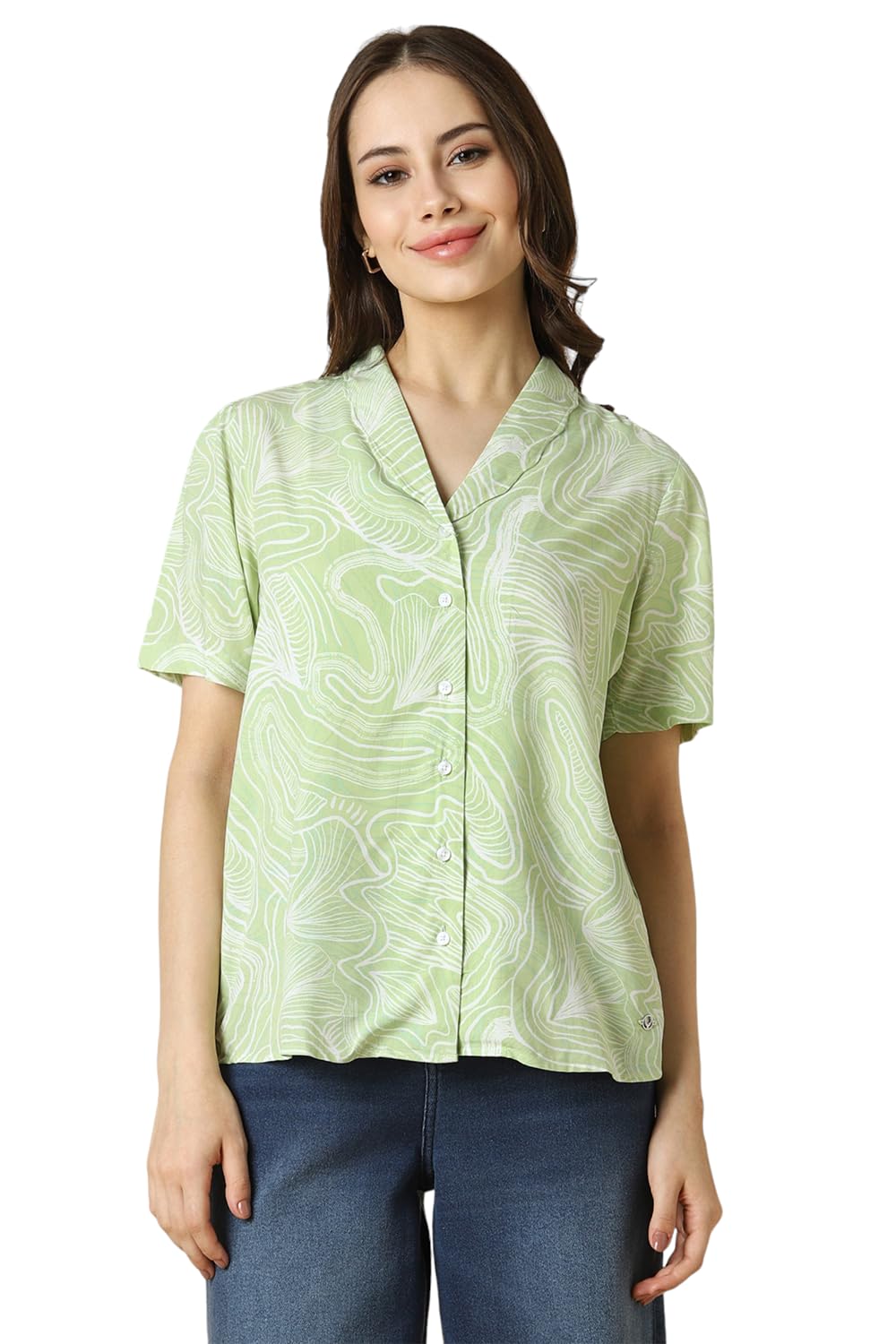 Allen Solly Women's Green Printed Half Sleeve Casual Shirt