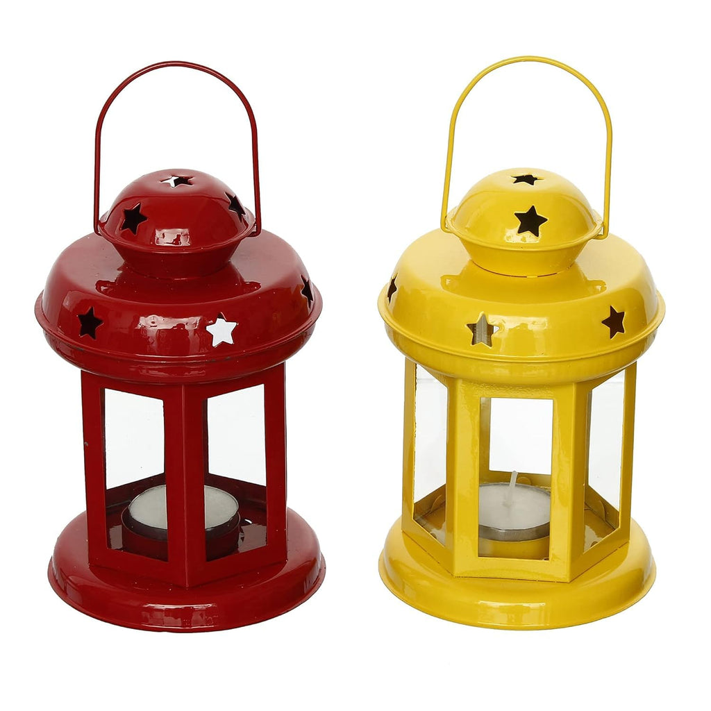 Winscraft Hanging Lantern Tealight Candle Holder for Table Home Decoration - Christmas & Gifts Items for Home Decor, Diwali for Living Room, Bedroom, Balcony, Wall Lighting (Red & Yellow)