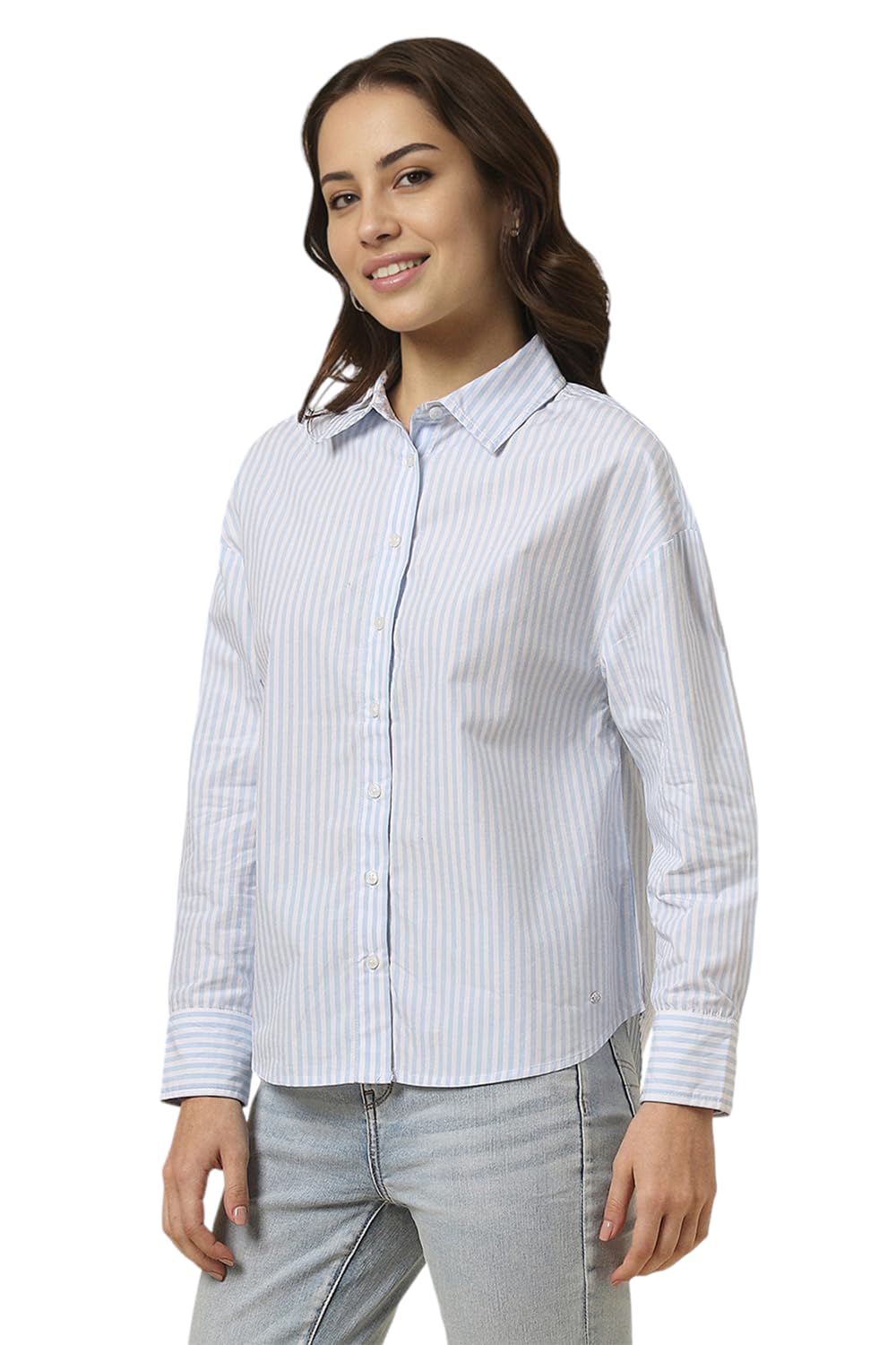Allen Solly Women's Cotton Light Blue Striped Long Sleeve Casual Shirt
