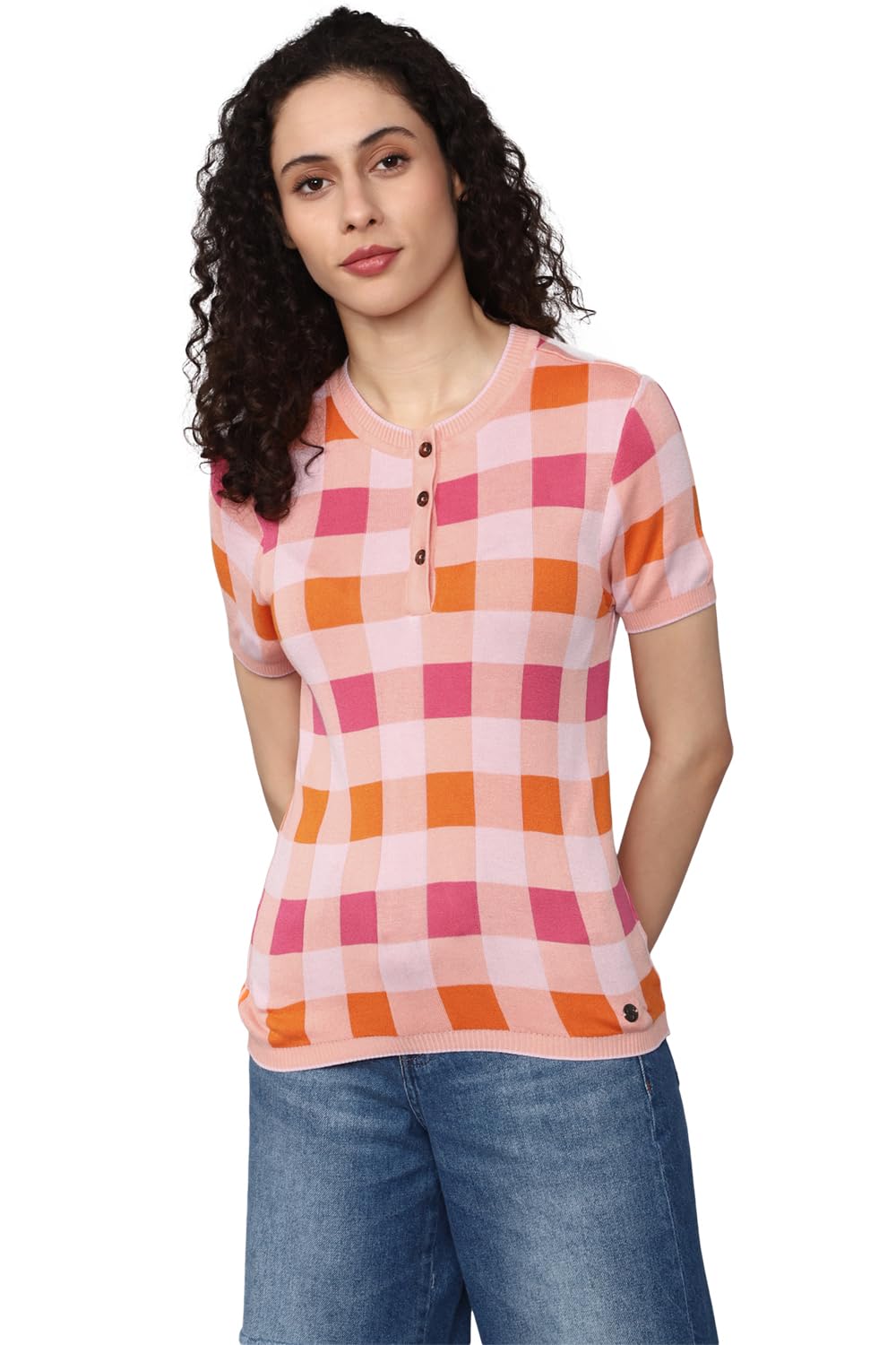 Allen Solly Women's Multicolour Checkered Short Sleeve Casual Shirt