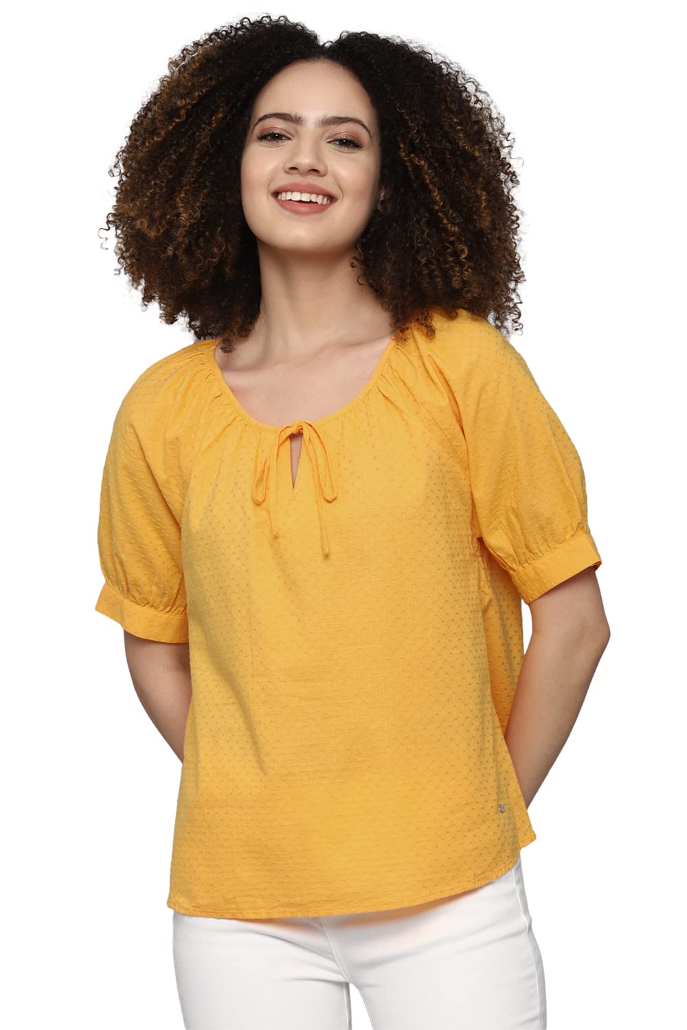 Allen Solly Women's Yellow Plain Short Sleeve Casual Shirt