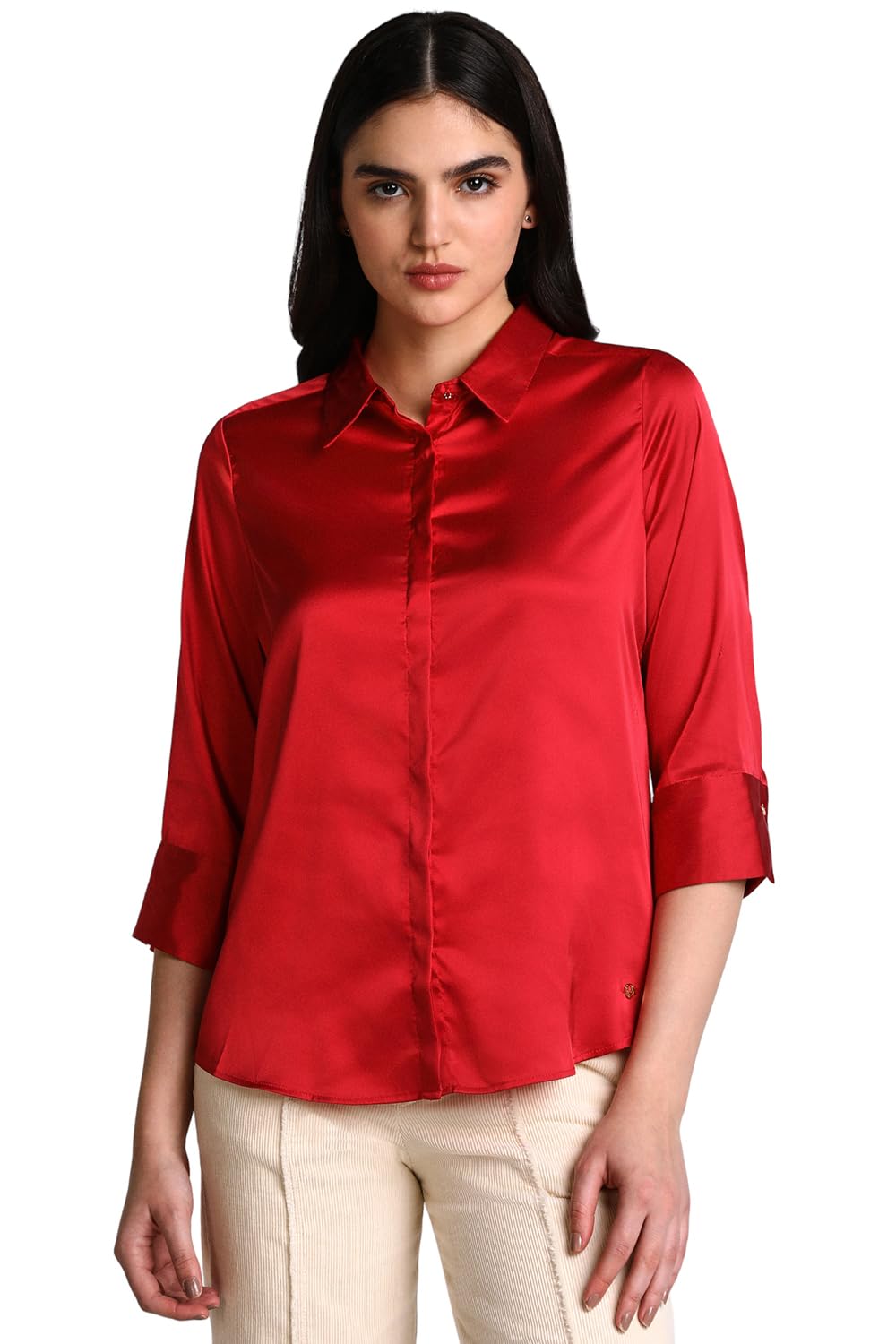 Allen Solly Women's Red Plain 3/4 Sleeve Casual Shirt