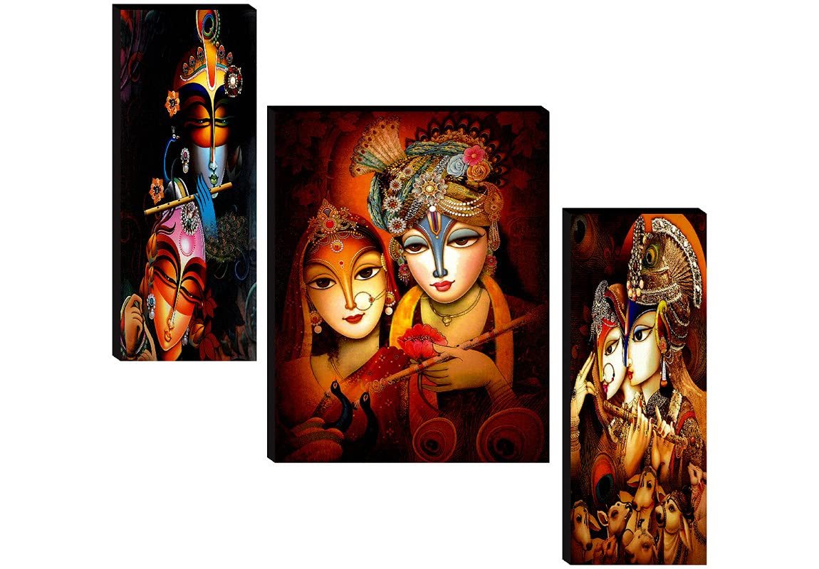 SAF paintings Set of 3 Radha Krishna UV Textured Home Decor Self Adhesive Painting 18 Inch X 12 Inch (Multicolor)