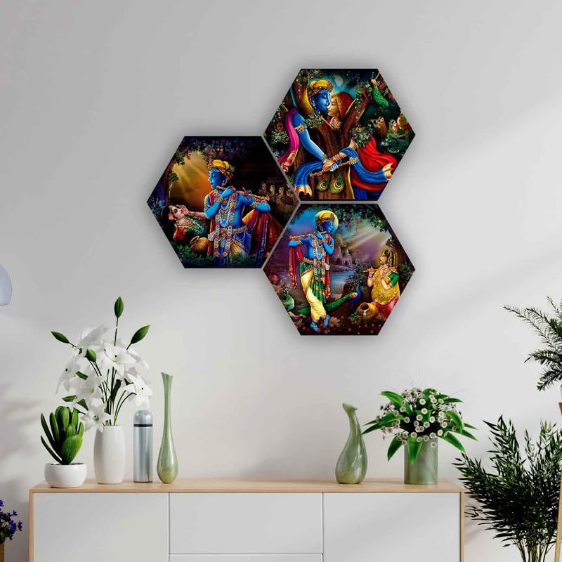 SAF paintings Set of 3 Hexagon Radha krishna MDF Board UV Textured Painting SA-SANFHX31348