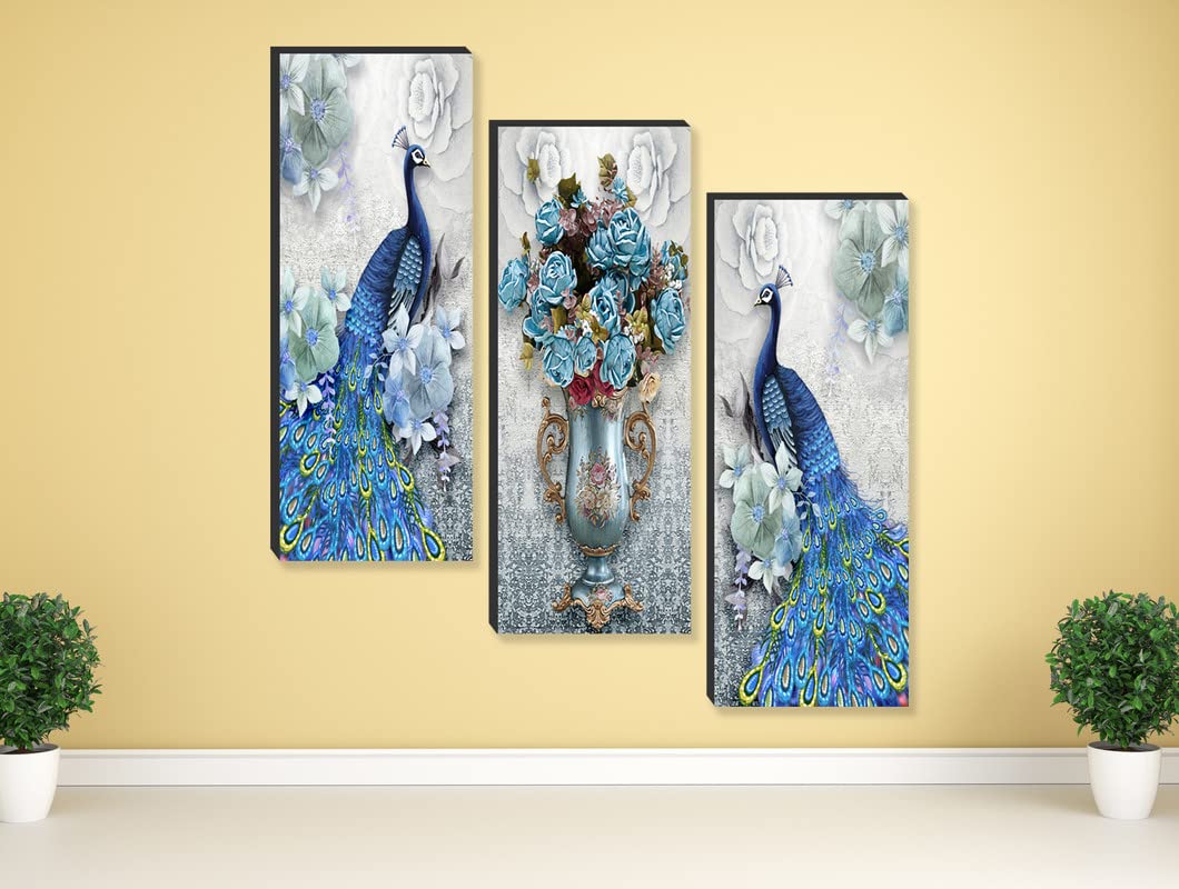 SAF paintings set of 3 Peacock And Flower Pot UV textured self adeshive wall painting for home decoration SANF-SJ91