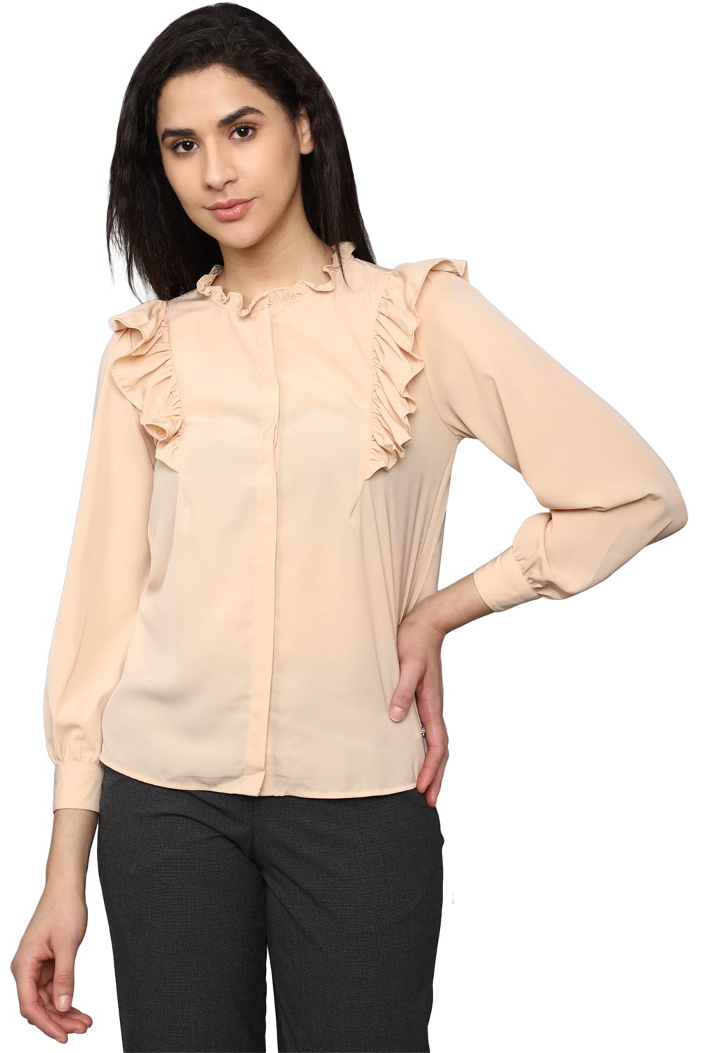 Allen Solly Women's Beige Plain Full Sleeve Casual Shirt