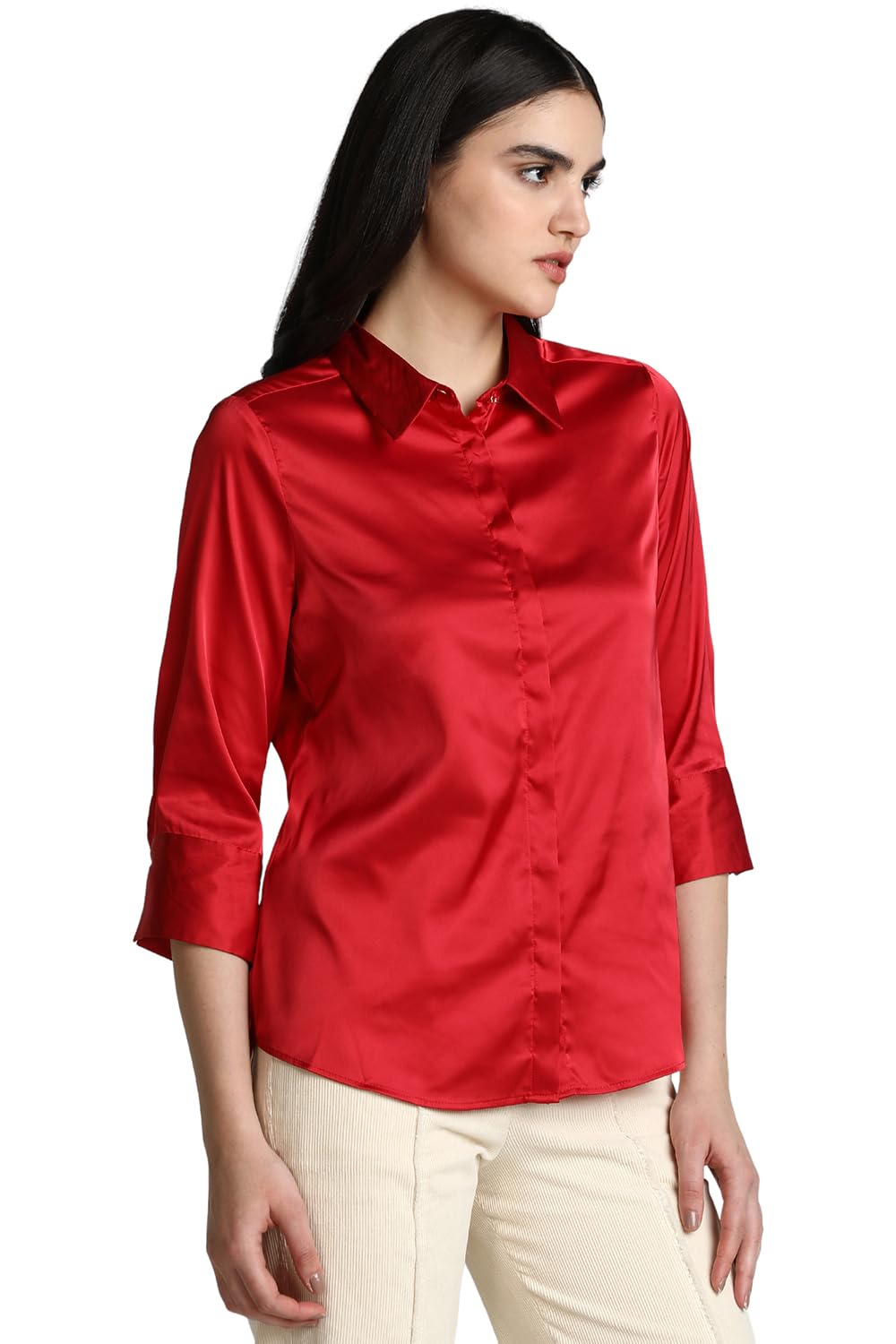Allen Solly Women's Red Plain 3/4 Sleeve Casual Shirt