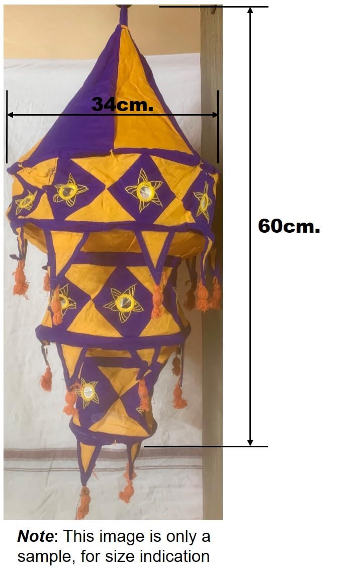 Cloth Applique Free Hanging Decor Item/Festive Lantern, Jhoomar Shape with 3-Steps, Compressible, from Pipli Odisha (Orange & Red)