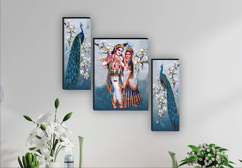 SAF paintings SANFJM31081 Radha Krishna with Couple Peacock UV Textured Home Decorative Self Adhesive Religious Painting (18 Inch X 12 Inch, Multicolor) - Set of 3