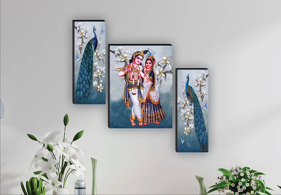 SAF paintings SANFJM31081 Radha Krishna with Couple Peacock UV Textured Home Decorative Self Adhesive Religious Painting (18 Inch X 12 Inch, Multicolor) - Set of 3