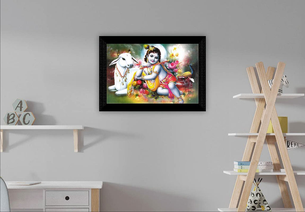 SAF paintings Kanha Ji with bansuri and cow UV Textured Synthetic Frame Painting SAFK97