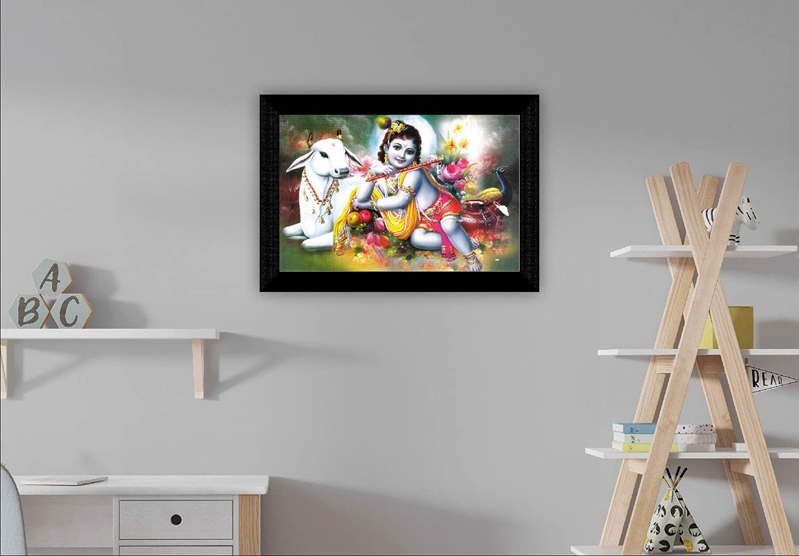 SAF paintings Kanha Ji with bansuri and cow UV Textured Synthetic Frame Painting SAFK97