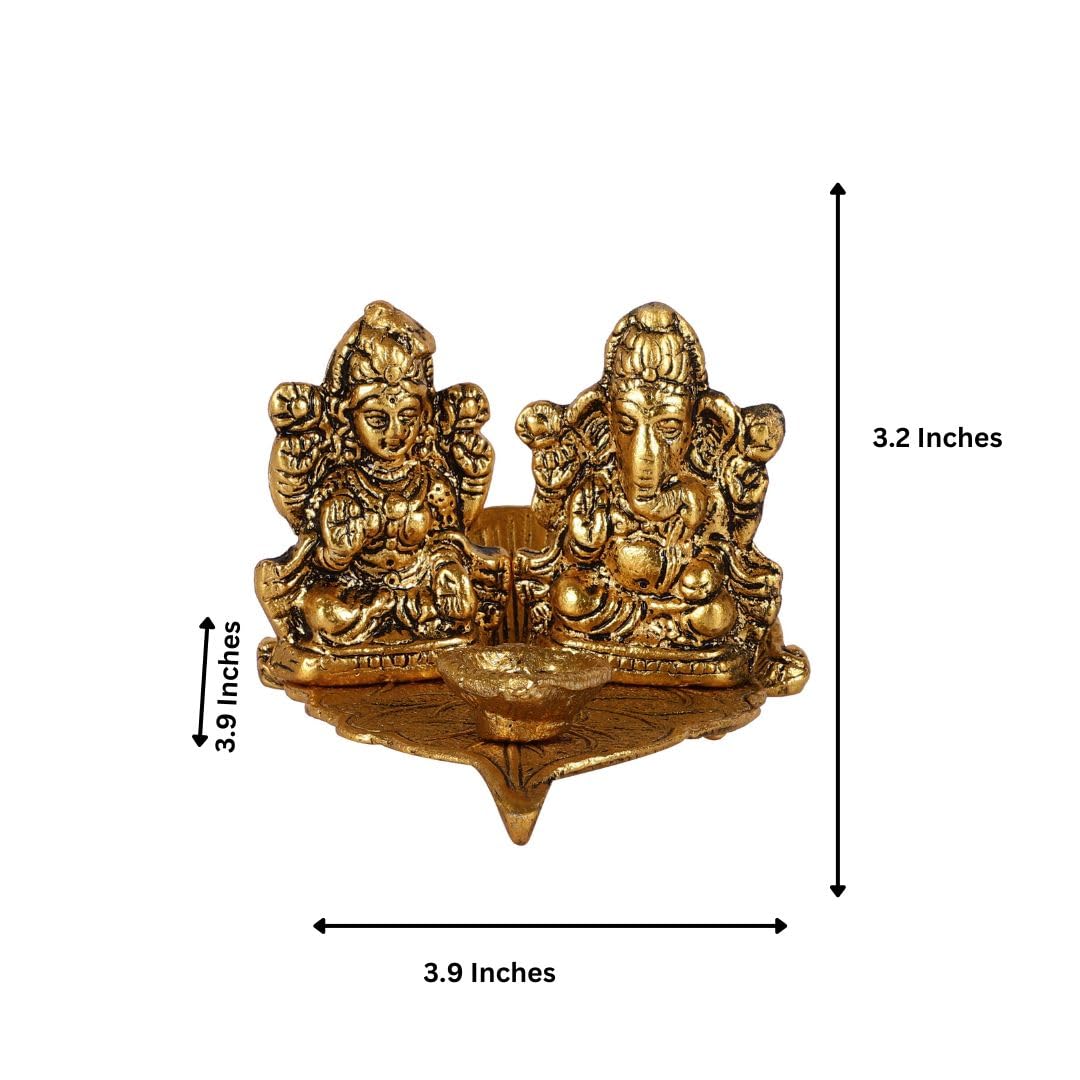 HEYEARTH Goddess Laxmi Ganesh Leaf Diya for Puja & Home | Oil Lamp | Diwali Decoration Items for Home Decor | Diya for Home Temple & Office | Gold Diya for Mandir | Size - 3.9 x 3.2 Inch