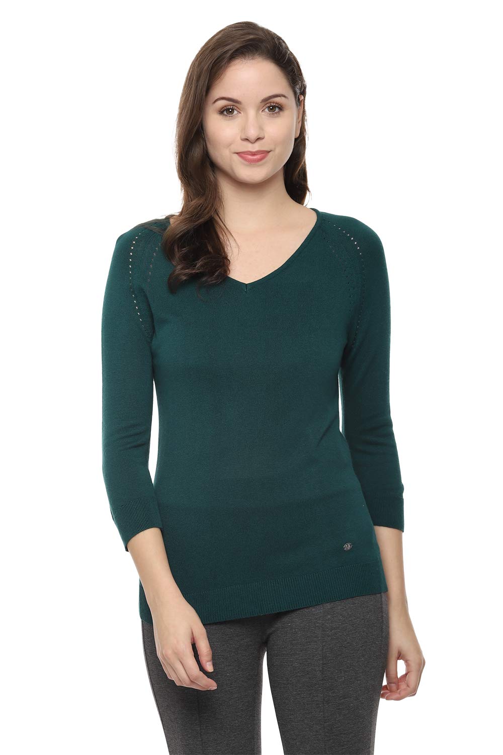 Allen Solly Women's Green Plain 3/4 Sleeve Casual Shirt