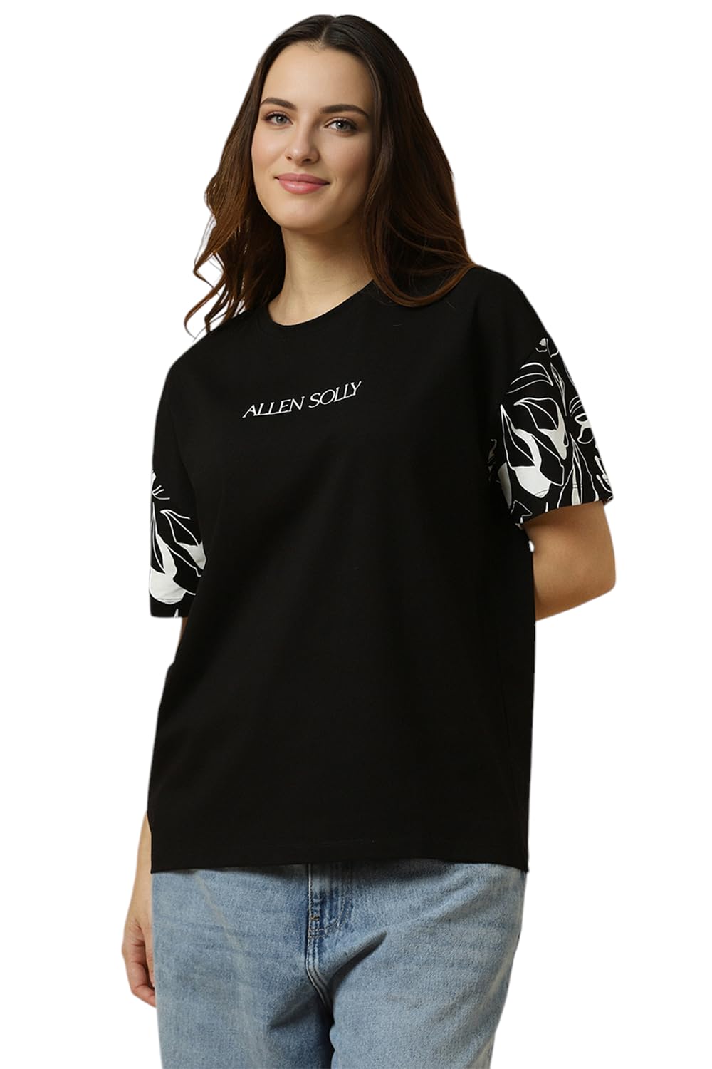 Allen Solly Women's Black Printed Half Sleeve T-Shirt