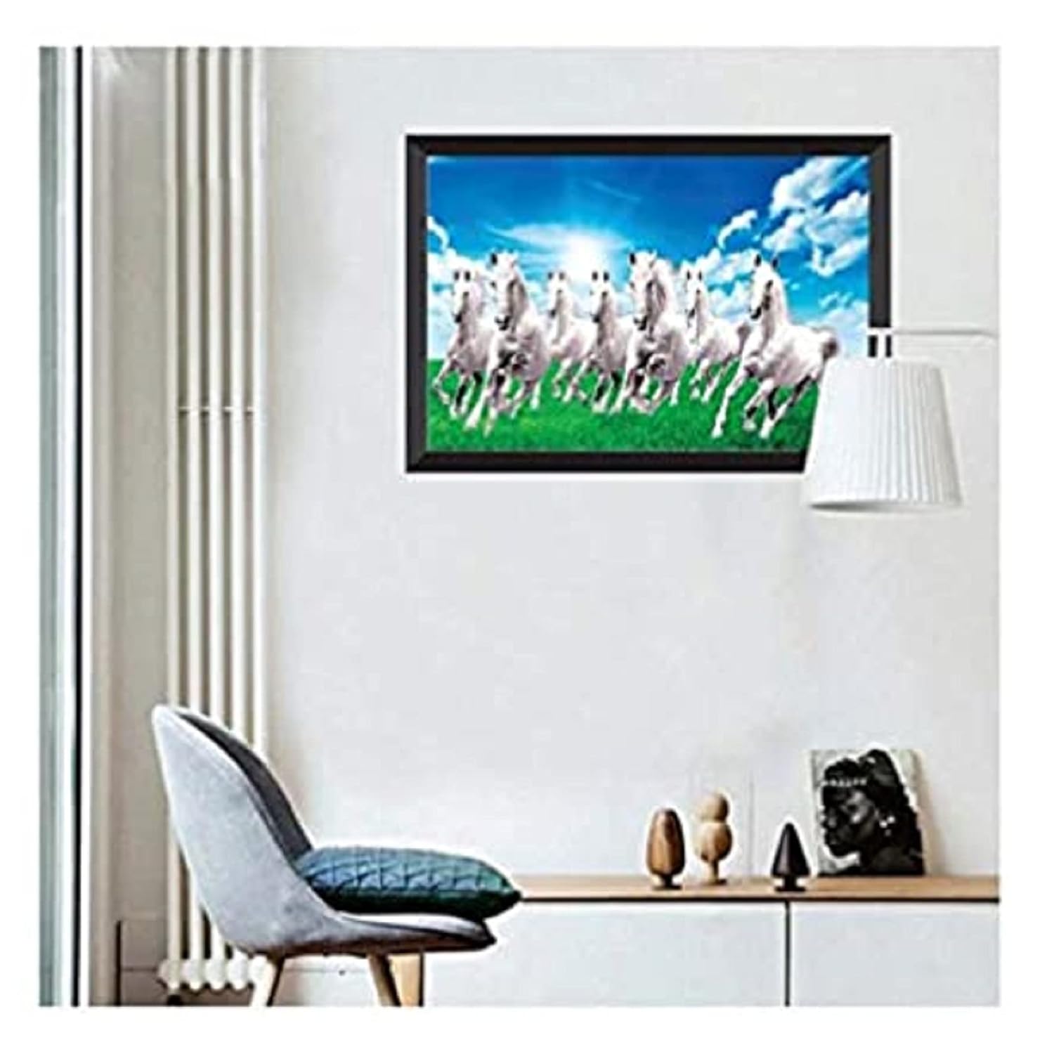 SAF paintings 7 Running Horses Sunrise Vastu UV Coated Home Decorative Gift Item Framed Painting 14 inch X 20 inch SANFH10-Multicolour