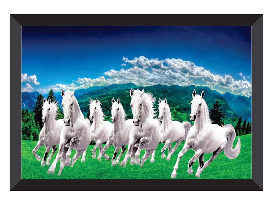 SAF paintings 7 Horses Sunrise Vastu Large Framed UV Coated Digital Reprint 14 inch x 20 inch Painting () SANFH19