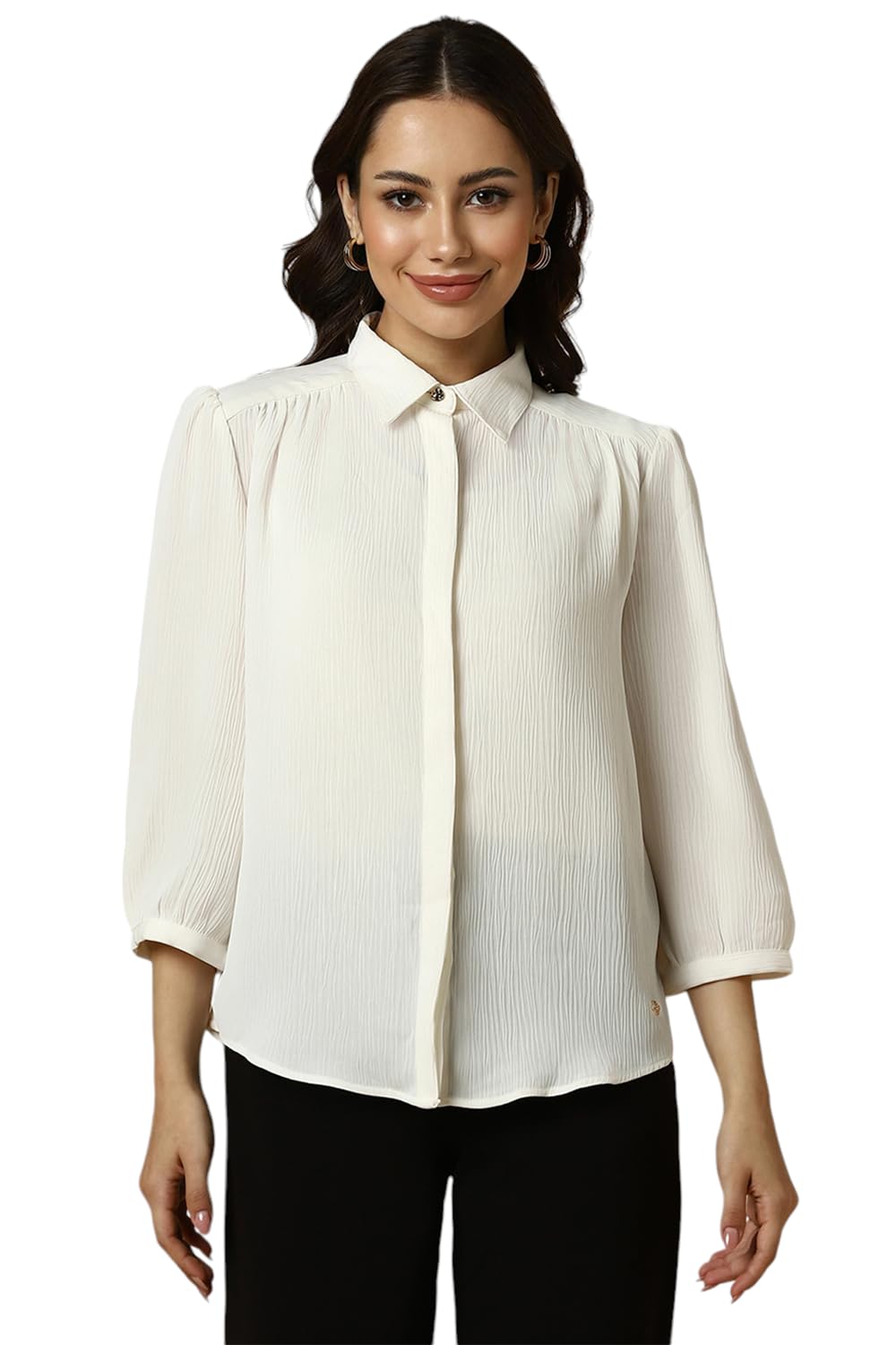 Allen Solly Women's Cream Plain 3/4 Sleeve Formal Shirt