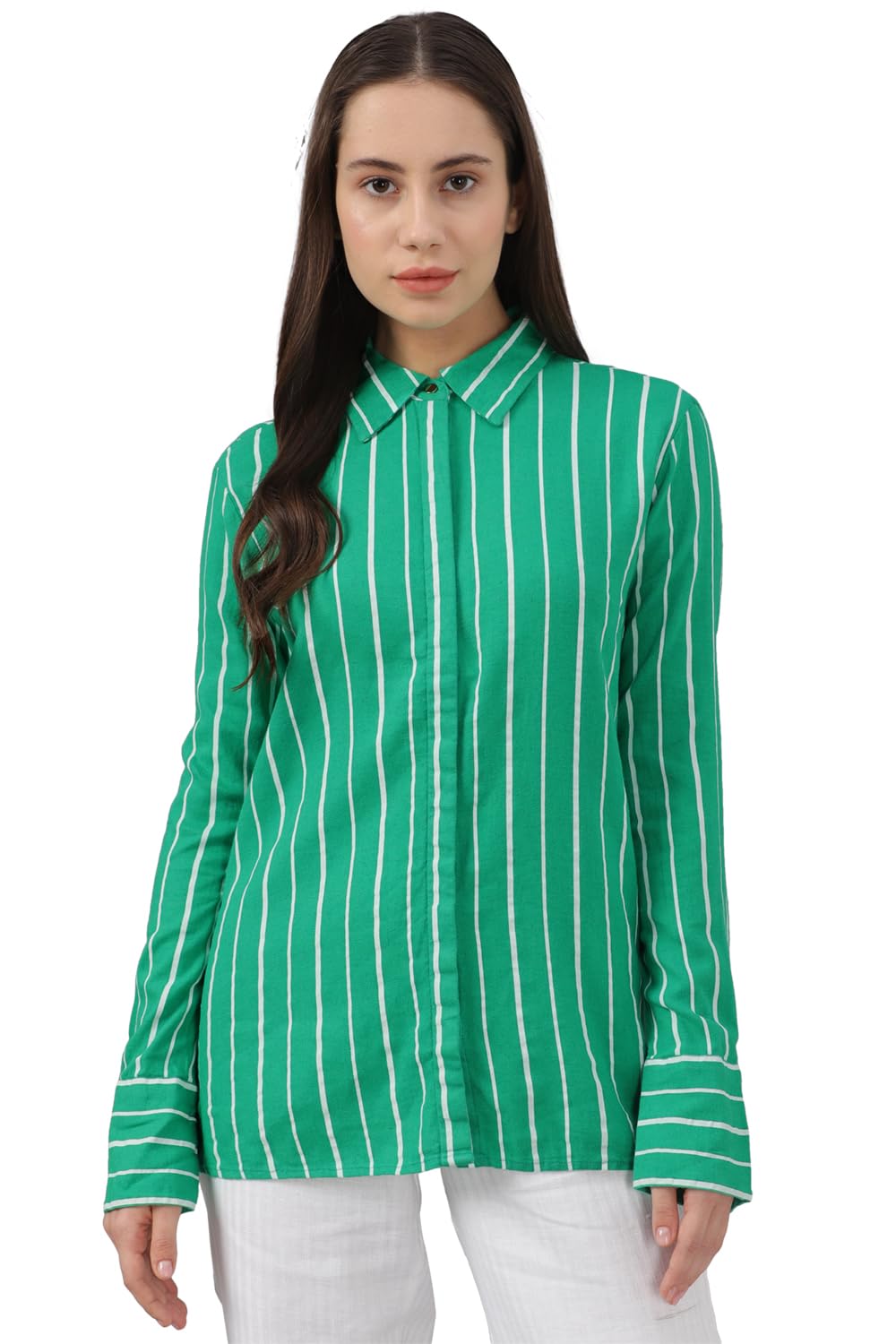 Allen Solly Women's Green Striped Long Sleeve Casual Shirt