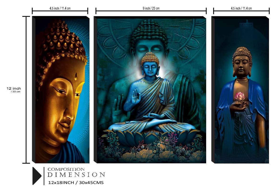 SAF paintings Set of 3 Sitting Religious Buddha UV Textured Home Decorative Gift Item Self Adeshive Painting 18 Inch X 12 Inch SANFJM31045, Multicolour