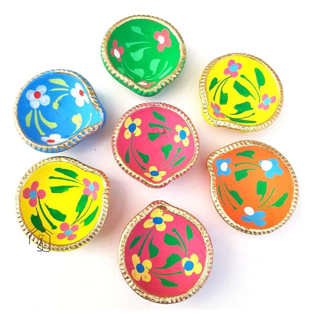 Colourful Handmade Diyas for Diwali Hand Painted Decorative Clay Mitti Diya Deepak Lanterns for Diwali Decoration . (Pack of 25)