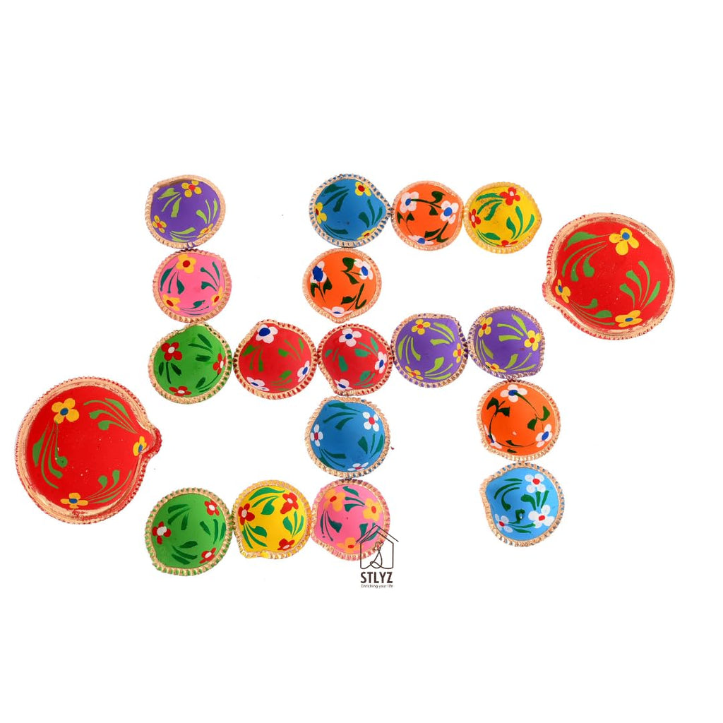 STLYZ Colourful Handmade Diyas for Diwali (21 Pcs) Hand Painted Decorative Clay Mitti Diya Deepak Lanterns for Diwali Decoration