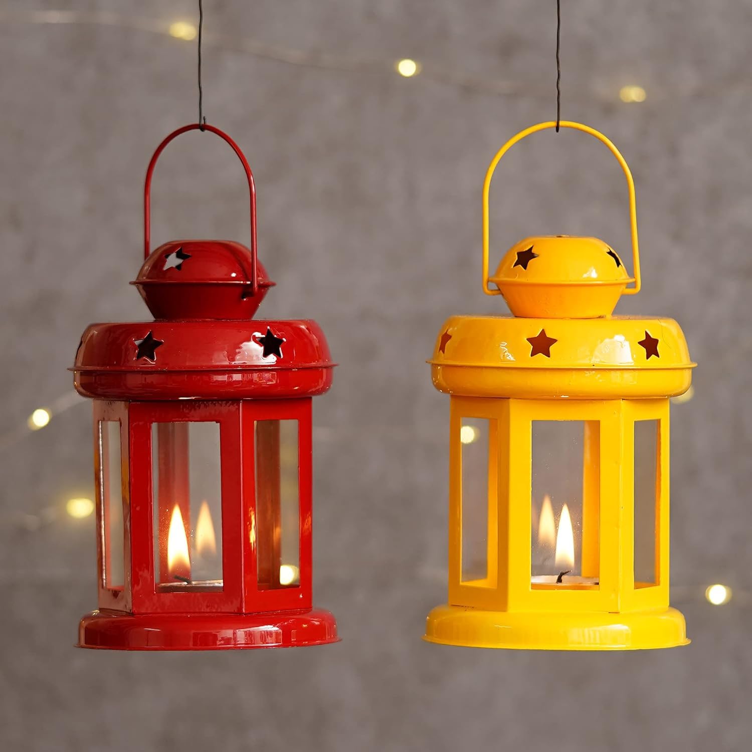 Winscraft Hanging Lantern Tealight Candle Holder for Table Home Decoration - Christmas & Gifts Items for Home Decor, Diwali for Living Room, Bedroom, Balcony, Wall Lighting (Red & Yellow)