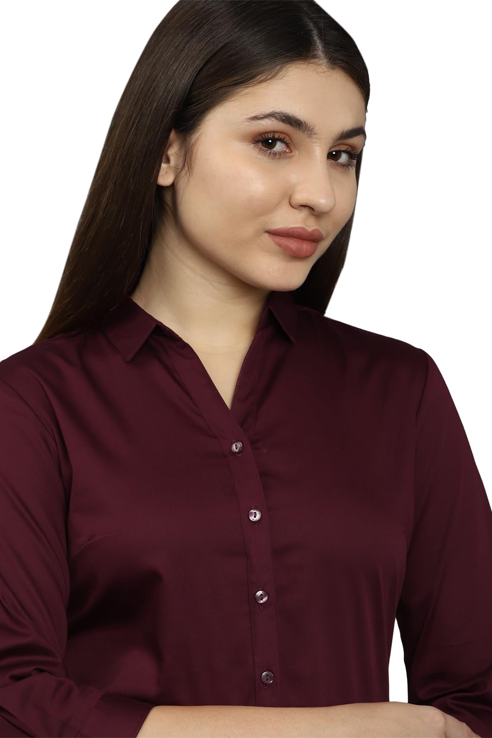 Allen Solly Women's Maroon Plain 3/4 Sleeve Casual Shirt