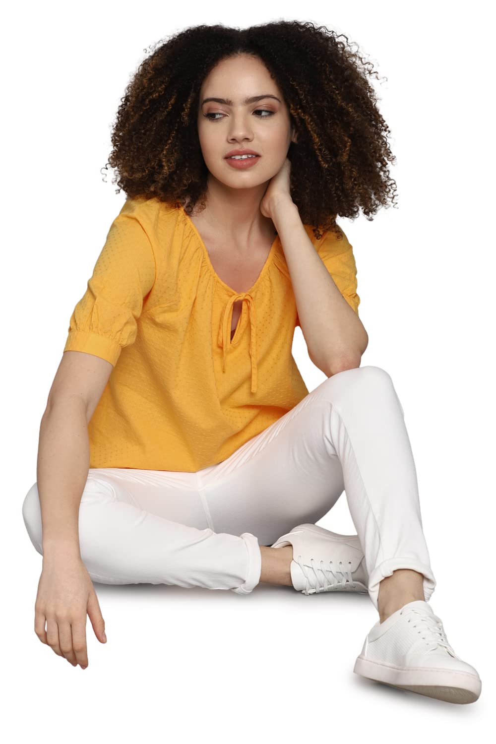 Allen Solly Women's Yellow Plain Short Sleeve Casual Shirt