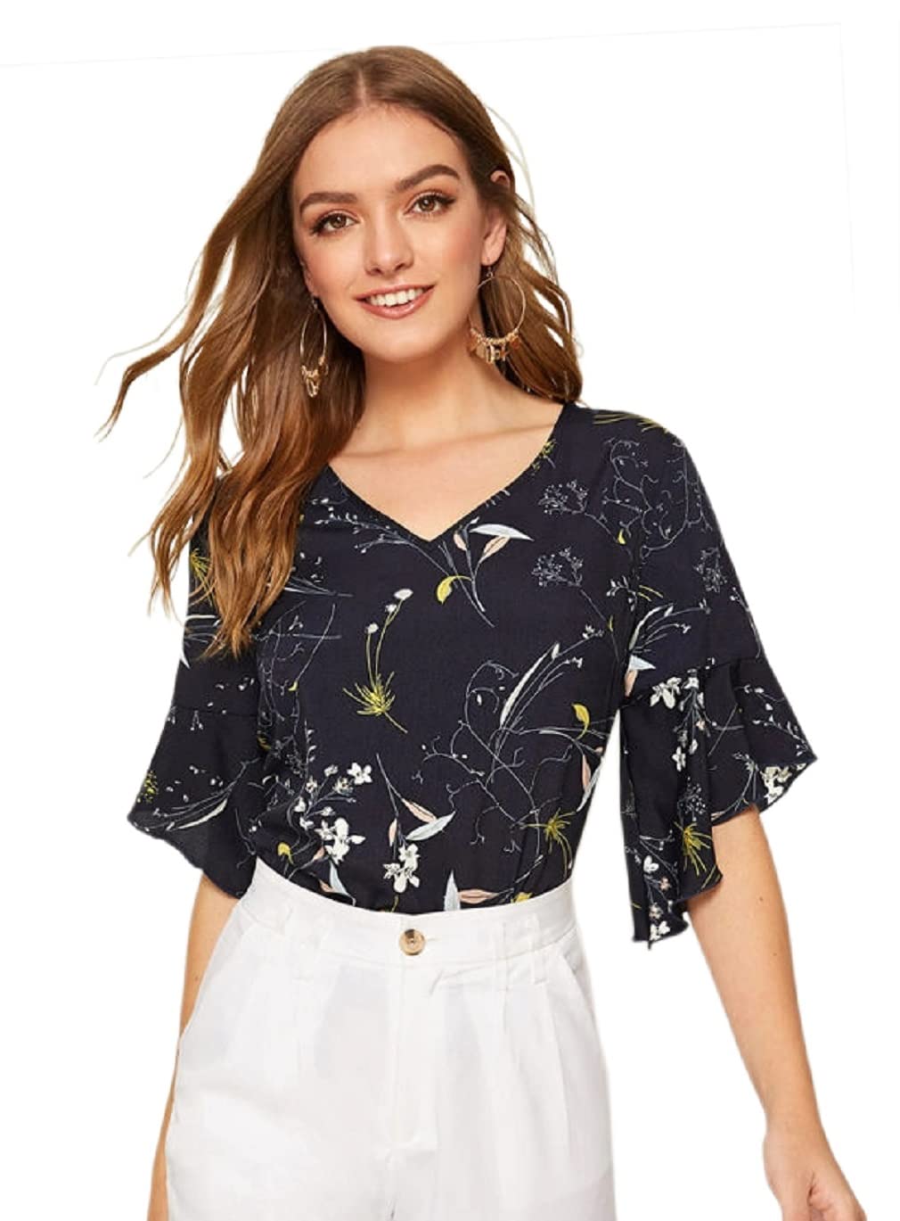 GRECIILOOKS Women's Plain Crepe with Ruffle Sleeve Design on HaGL-Sleeve Top