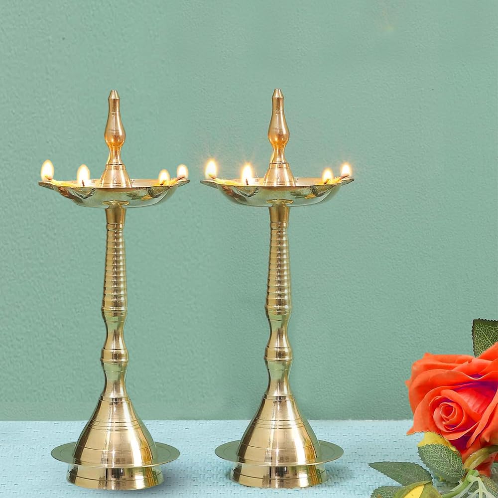 HASHCART® Brass Kerala Diya for Puja (14 inch, Set of 2) - Diya for Pooja - Kutthu Vilakku Samai Diya for Puja Diwali Decorations - Indian Diwali Gifts