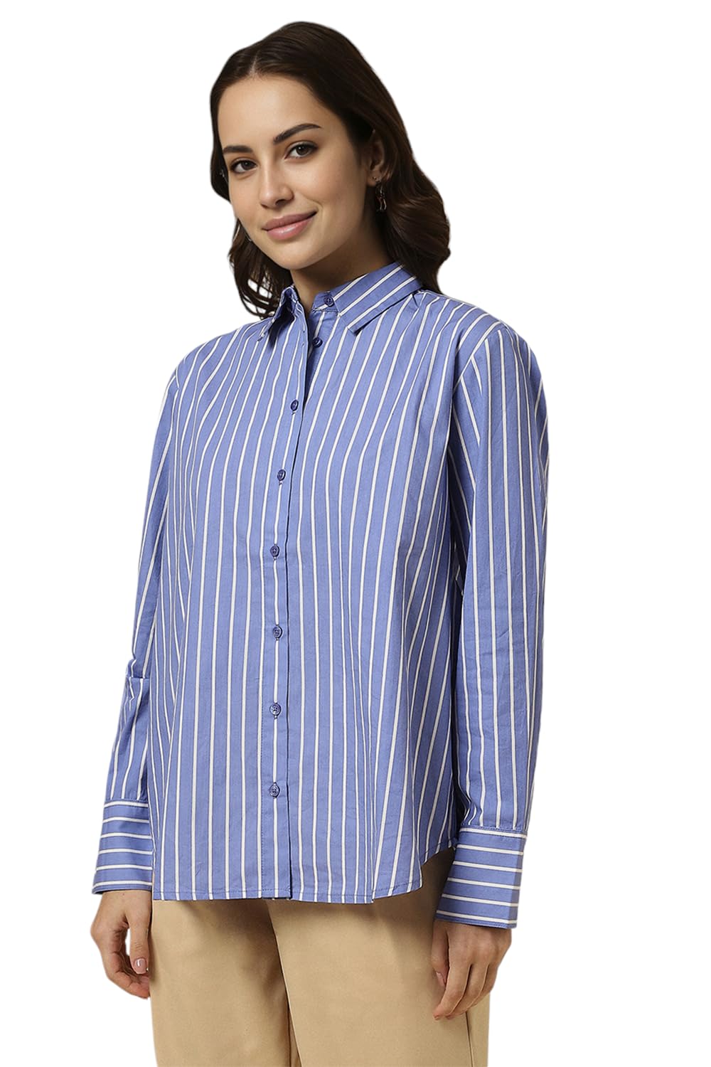 Allen Solly Women's Blue Striped Long Sleeve Formal Shirt