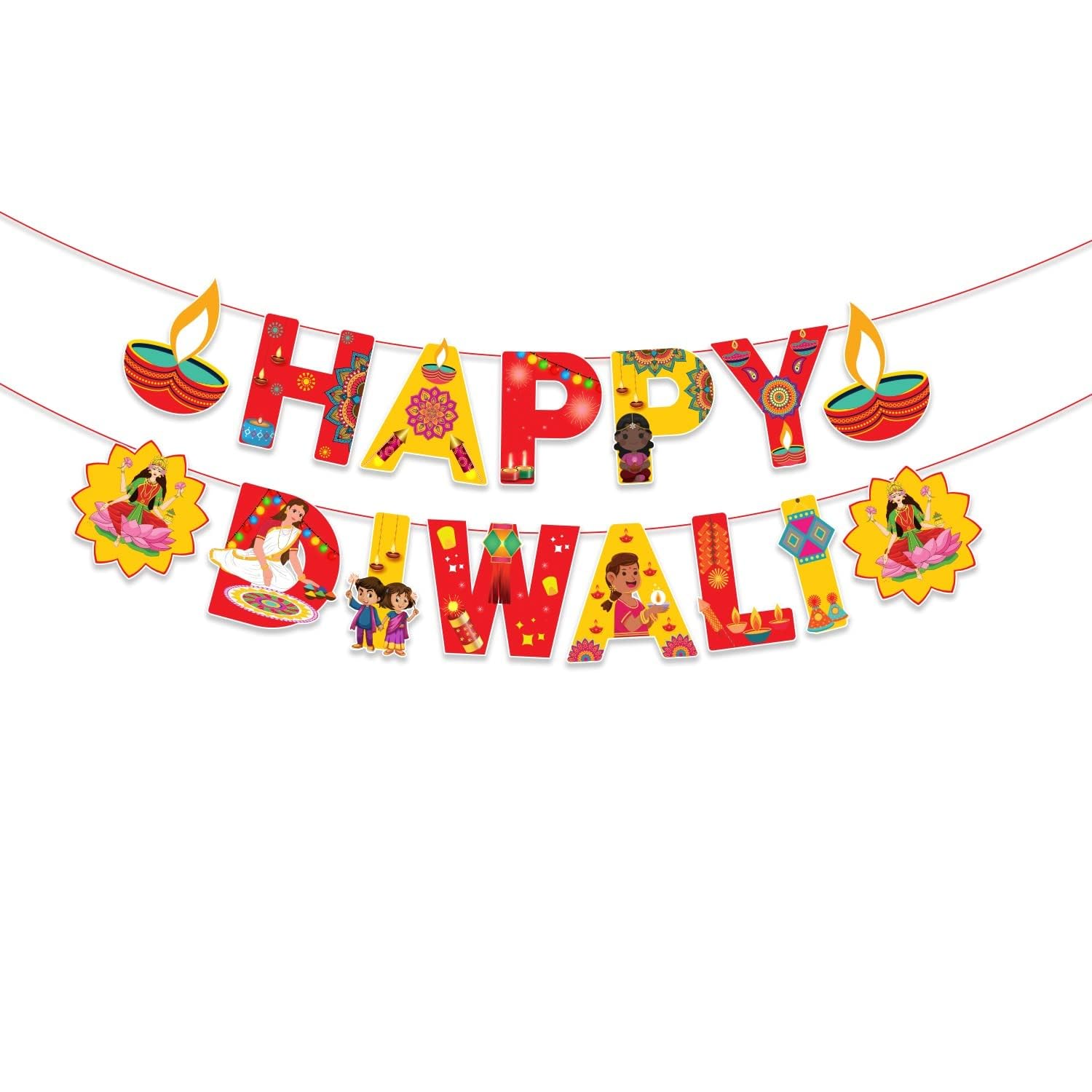 Atpata Funky Happy Diwali Banner & 8pcs Hanging Danglers Combo | Multicolour Paper Cutouts for Diwali Decoration | Reusable DIY Festive Decor Set with Diya, Lantern & Traditional Designs