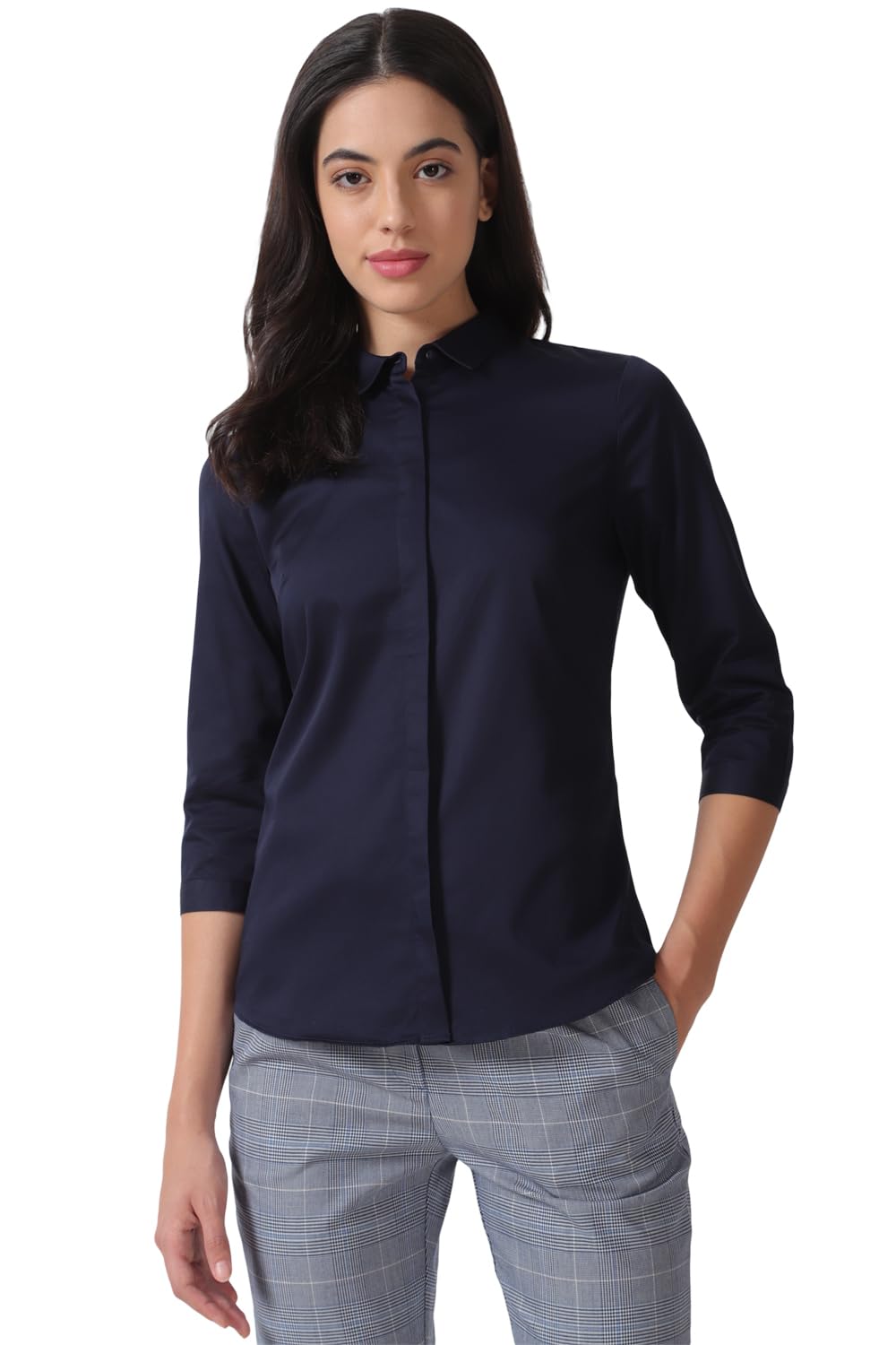 Allen Solly Women's Cotton Dark Blue Plain 3/4 Sleeve Formal Shirt