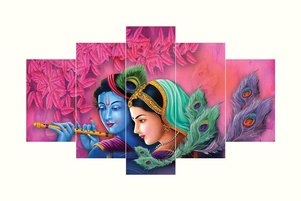 perpetual Radha Krishna Paintings for Wall Decoration - Set Of Five, 3d Scenery Vastu Painting for Living Room Large Size with Frames for Home Decoration, Hotel, Office (75 CM X 43 CM) K5D
