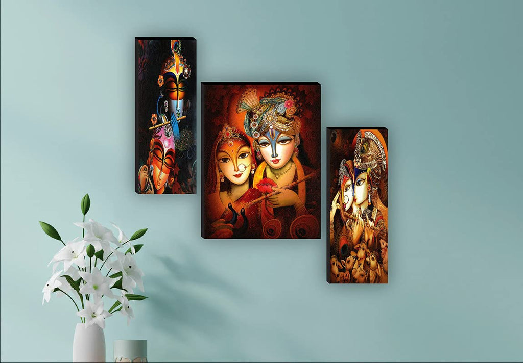SAF paintings Set of 3 Radha Krishna UV Textured Home Decor Self Adhesive Painting 18 Inch X 12 Inch (Multicolor)