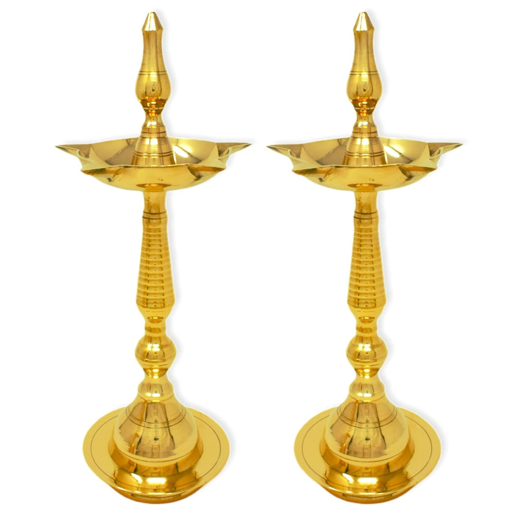 HASHCART® Brass Kerala Diya for Puja (14 inch, Set of 2) - Diya for Pooja - Kutthu Vilakku Samai Diya for Puja Diwali Decorations - Indian Diwali Gifts