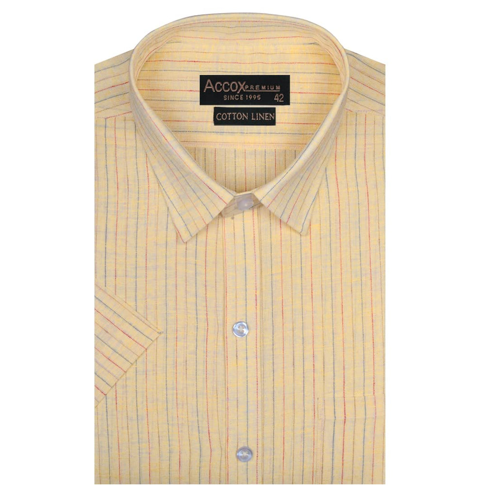 Accox Men's Cotton Linen Striped Formal Shirt (B0BVJ399YQ)