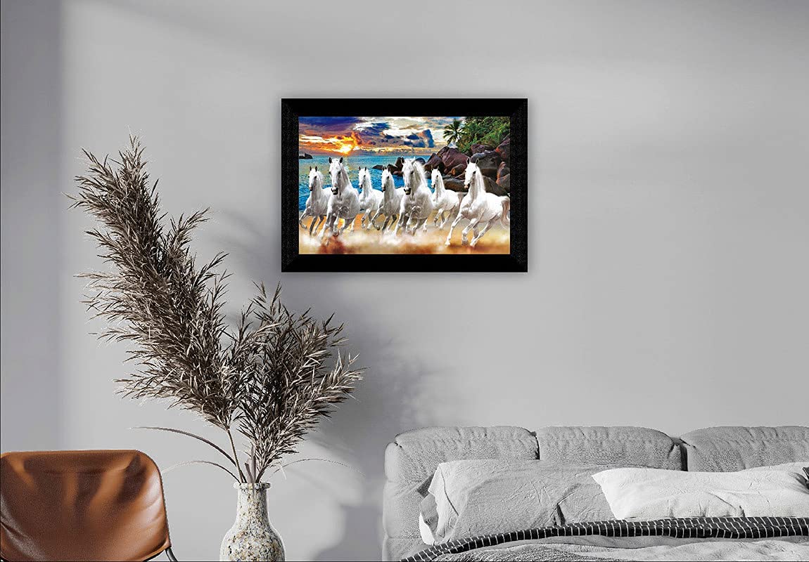 SAF paintings 7 Horses Vastu Frame HD | 7 White Running Horses Wall Painting | 7 Horses Photo Frame | 7 Horses Wall Decor | 7 Horses with Rising Sun (20 inch x 14 inch)