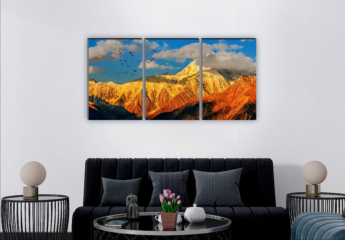 SAF paintings Set of 3 Golden Mountain MDF Self Adhessive UV Textured Painting 27 Inch X 12 Inch(Each Painting Size 12 Inch X 9 Inch) PHC30259