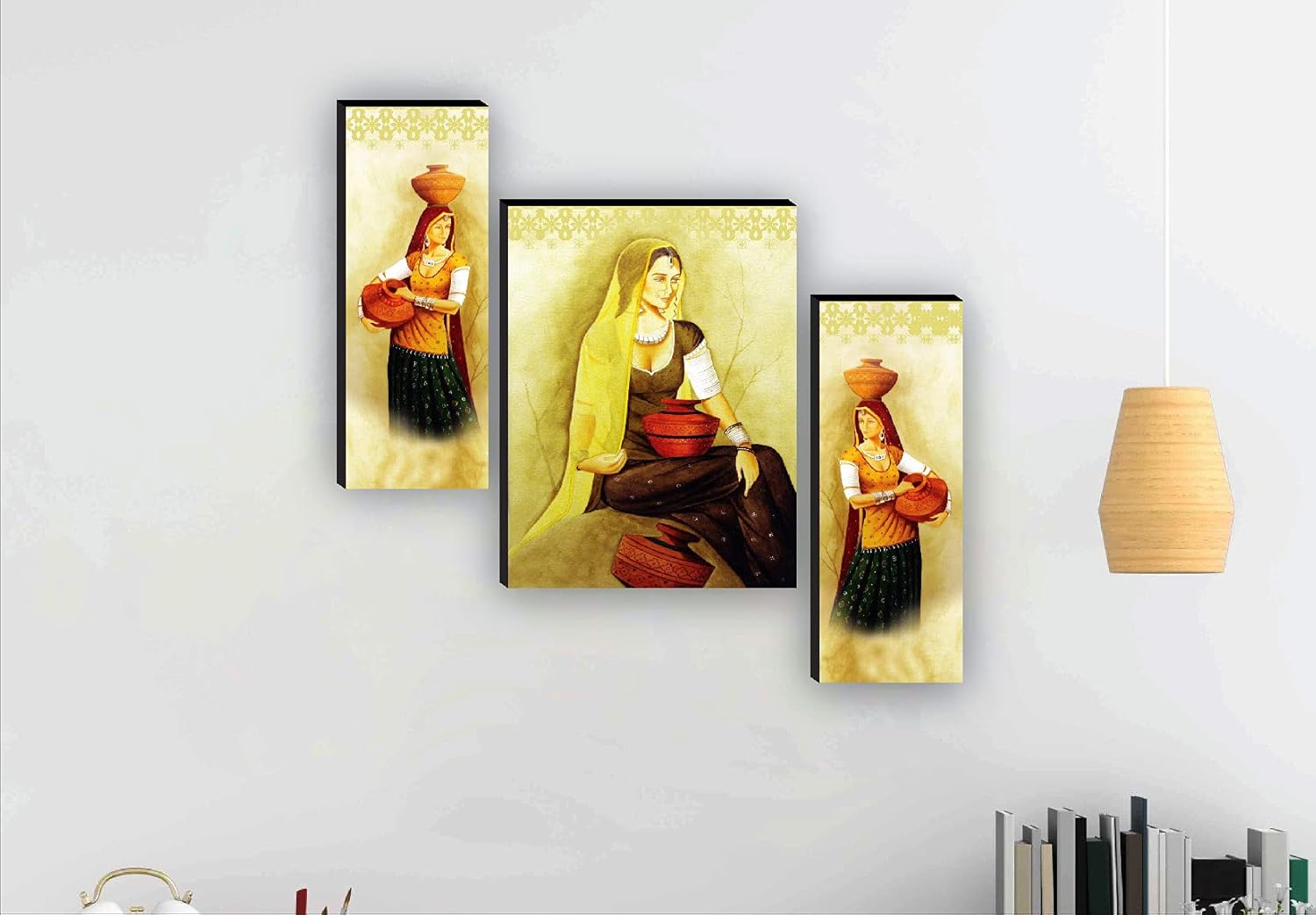 SAF paintings Set of 3 Traditional Rajasthani Ladies Paintings for living room with frame Self Adeshive UV Textured MDF Framed Painting 12 Inch X 18 Inch SAF-JM7725