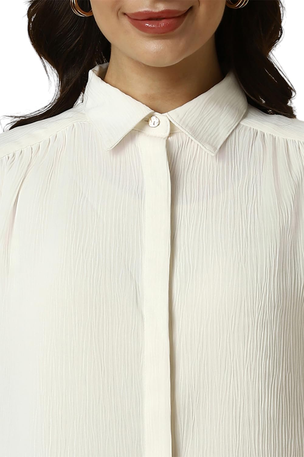 Allen Solly Women's Cream Plain 3/4 Sleeve Formal Shirt
