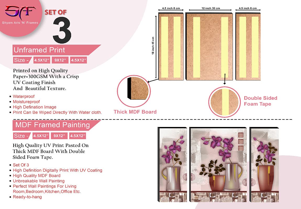 SAF paintings Set of 3 Preety Purple Flower Pot UV Textured Paintings for living room with frame 12 Inch X 18 Inch SAF-JMS6494