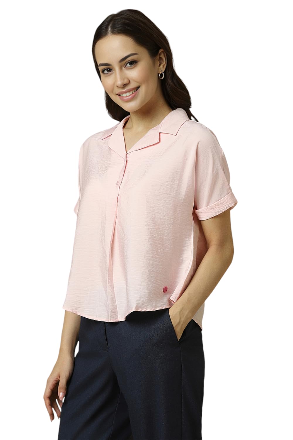 Allen Solly Women's Pink Plain Short Sleeve Casual Shirt