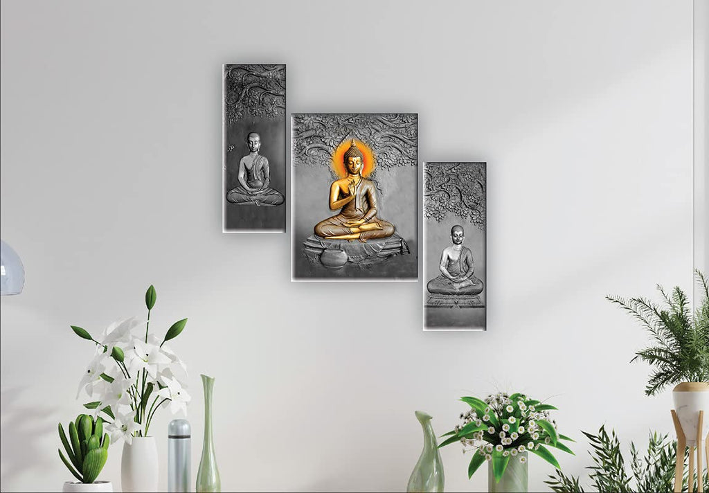 SAF paintings Set Of 3 Lord Buddha MDF UV Textured Digital Reprint Painting For wall Decoration,Home decor and Office OL-SANFJM31561