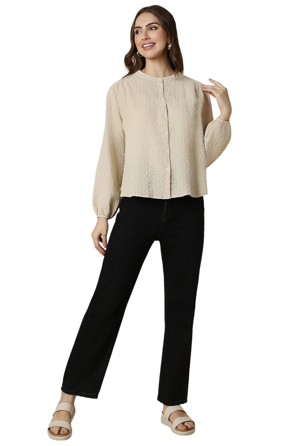 Allen Solly Women's Beige Plain Long Sleeve Casual Shirt