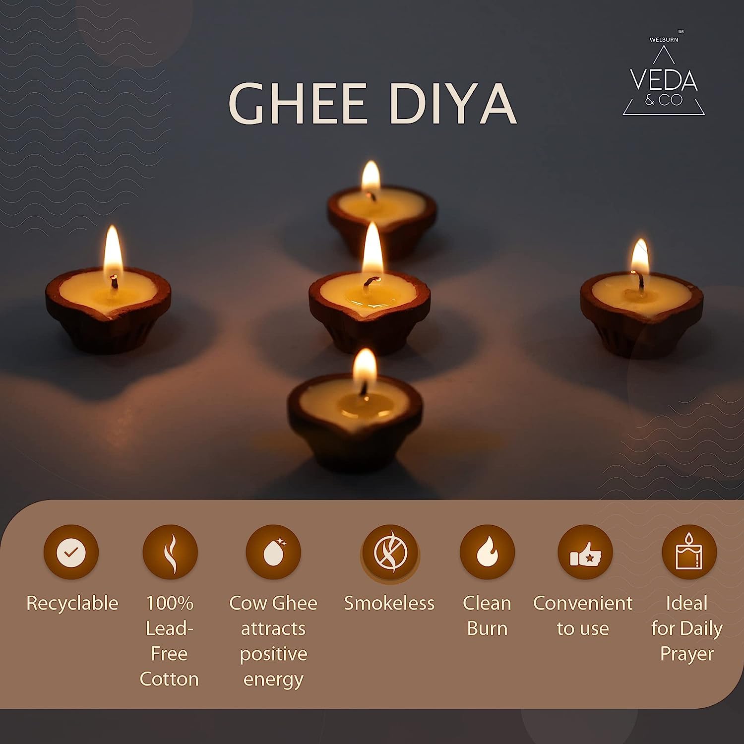 Welburn Veda&Co™ Pure Cow Ghee Diya for Puja - 30 Pieces, Upto 45 Minutes Burn Time, Ghee Blended Filled Clay Diya Batti, Ready to Use Diwali Diyas for Daily Pooja