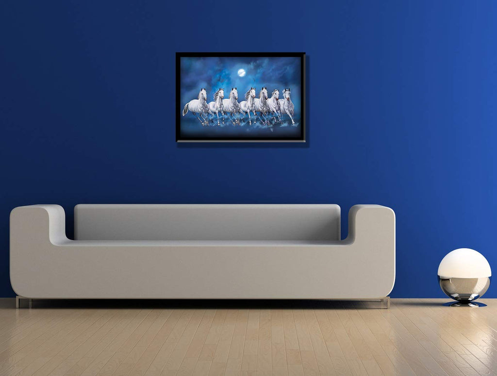 LIFEHAXTORE® Seven Lucky Running Vastu Horses Art Framed Painting - (Ocean Blue, 12 Inch x 18 Inch)