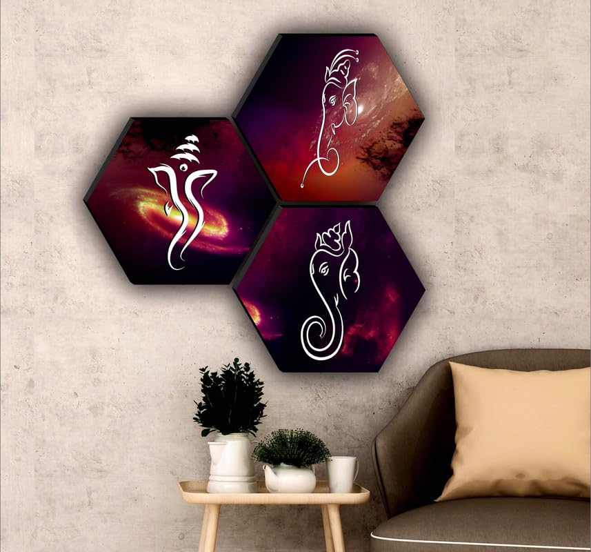 SAF paintings Set of 3 Hexagon Ganesha Modern Art MDF Board UV Textured Painting SA-SANFHXF30572